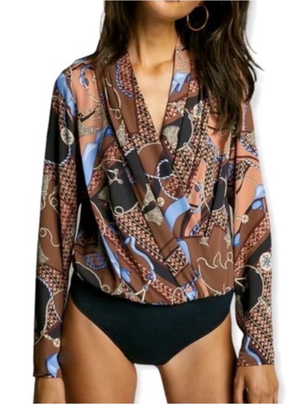 Aritzia Babaton Ambrose Bodysuit Blouse Small Rope Chain Print Wrap Thong